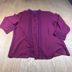 JH Collectibles Burgundy Lace Trim Sheer Blouse 3/4 Sleeve Women’s L Fall Top